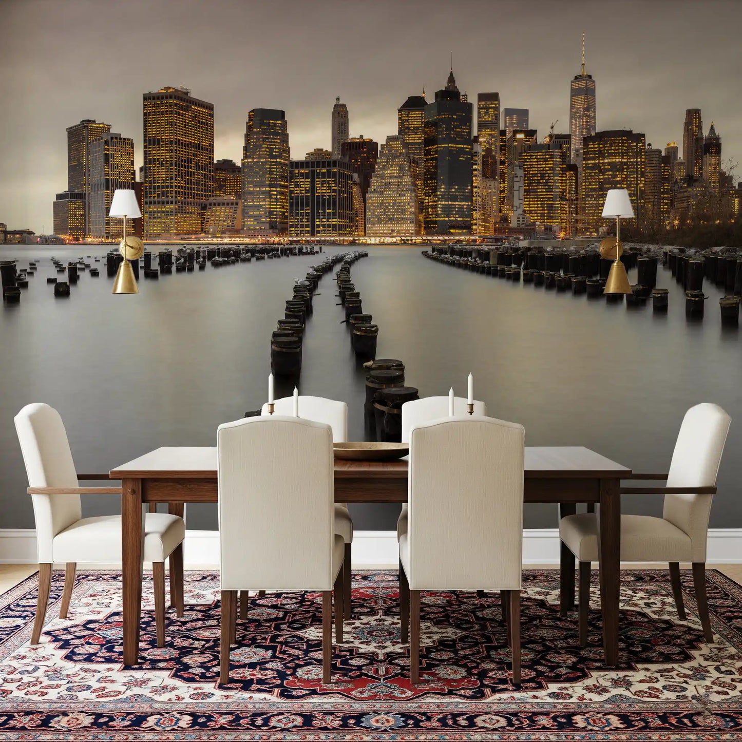 Pale dusk sky in the NYC Urban Glow wall mural covers a lit Manhattan front