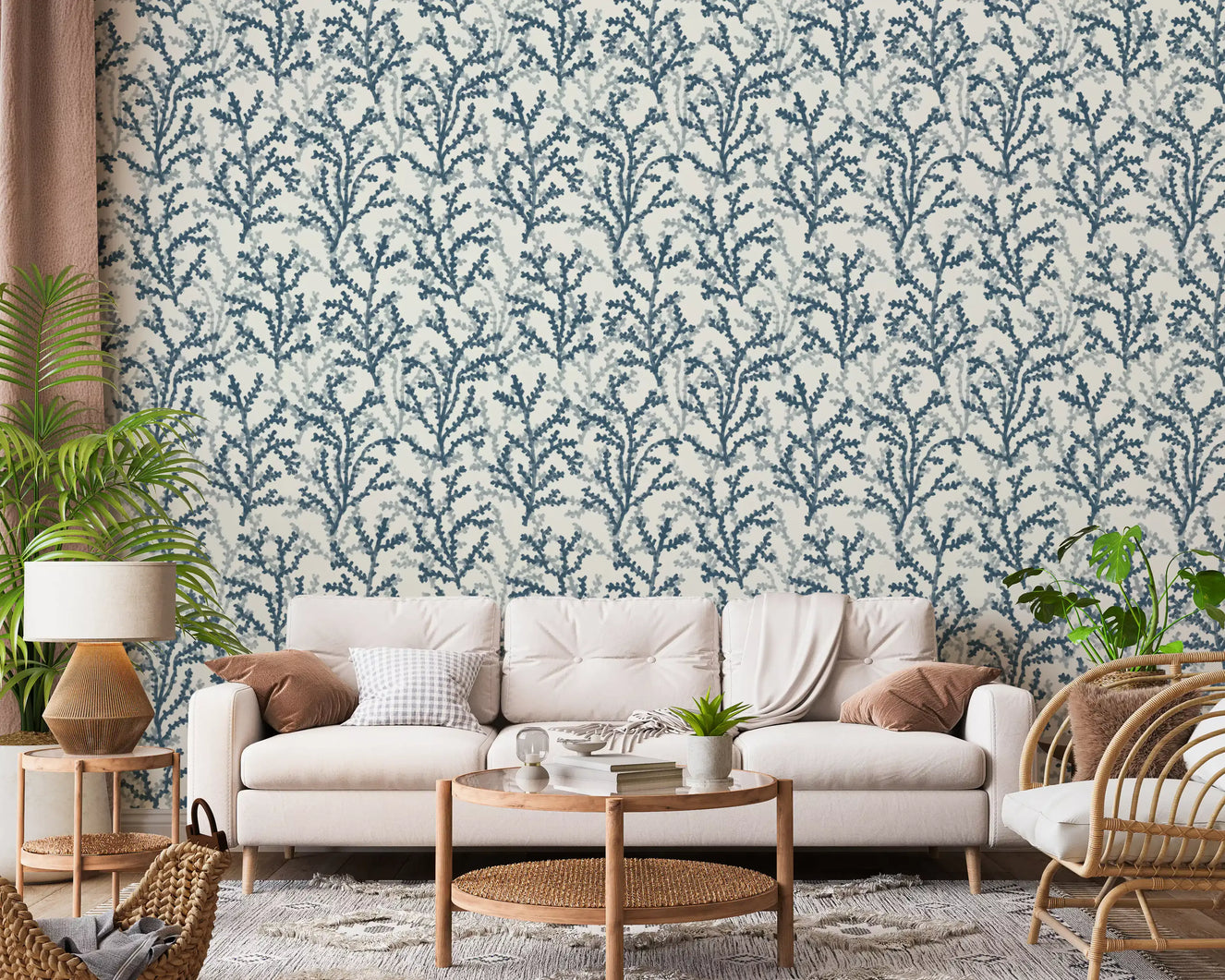 Teal and dove-grey sprigs cover a living room in the Coraline Teal wallpaper repeat