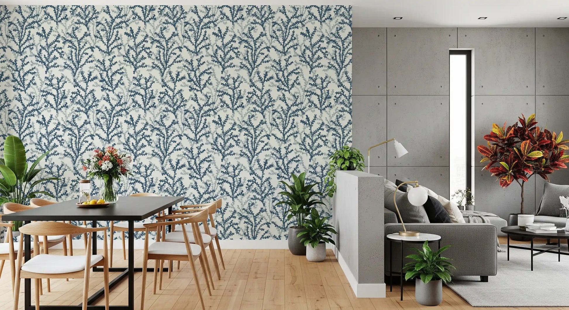 Cream ground holds deep-teal sprigs in the Painted Coraline wallpaper pattern