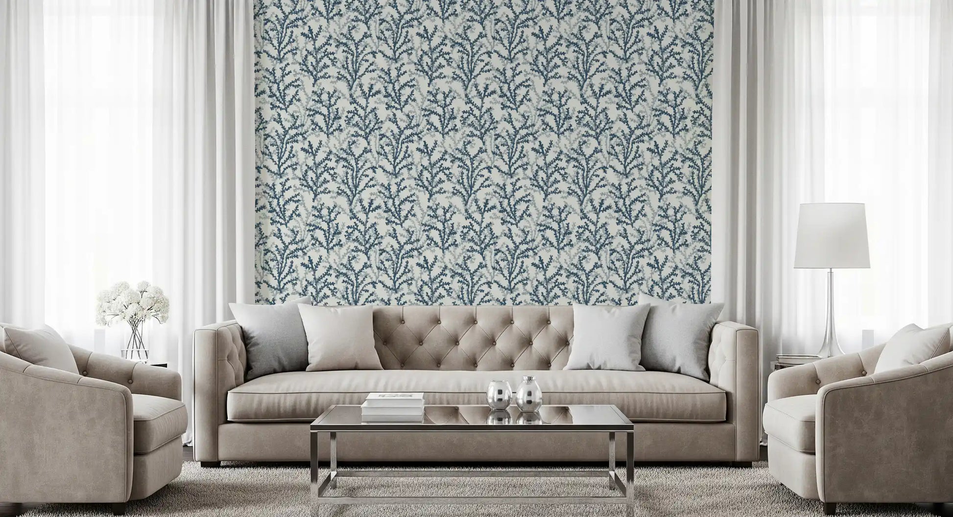 Slate sprigs and indigo stems frame a Living room the Coraline wallpaper repeat