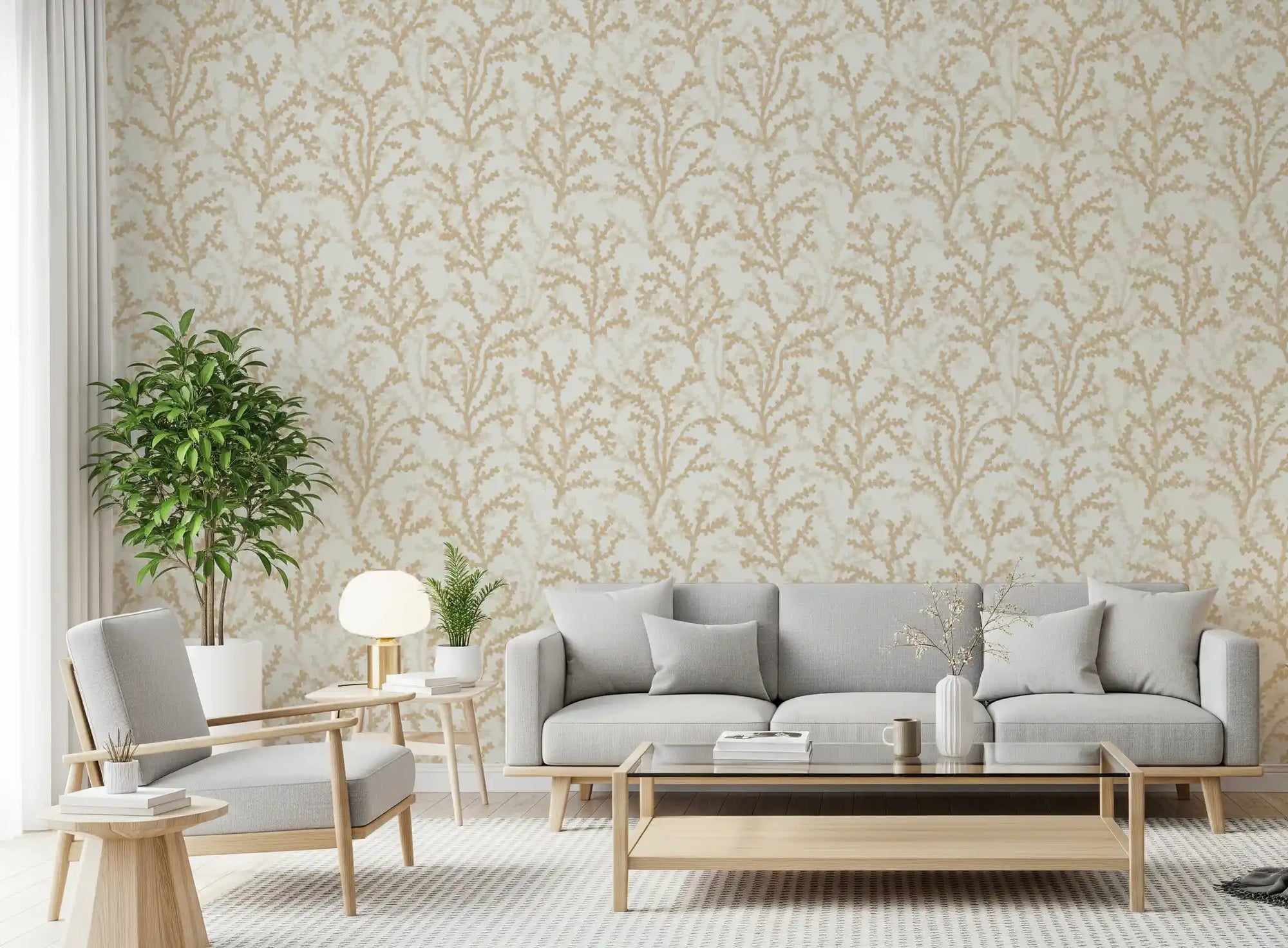 Beige oceanic branches style the bright living room using Coraline wallpaper.