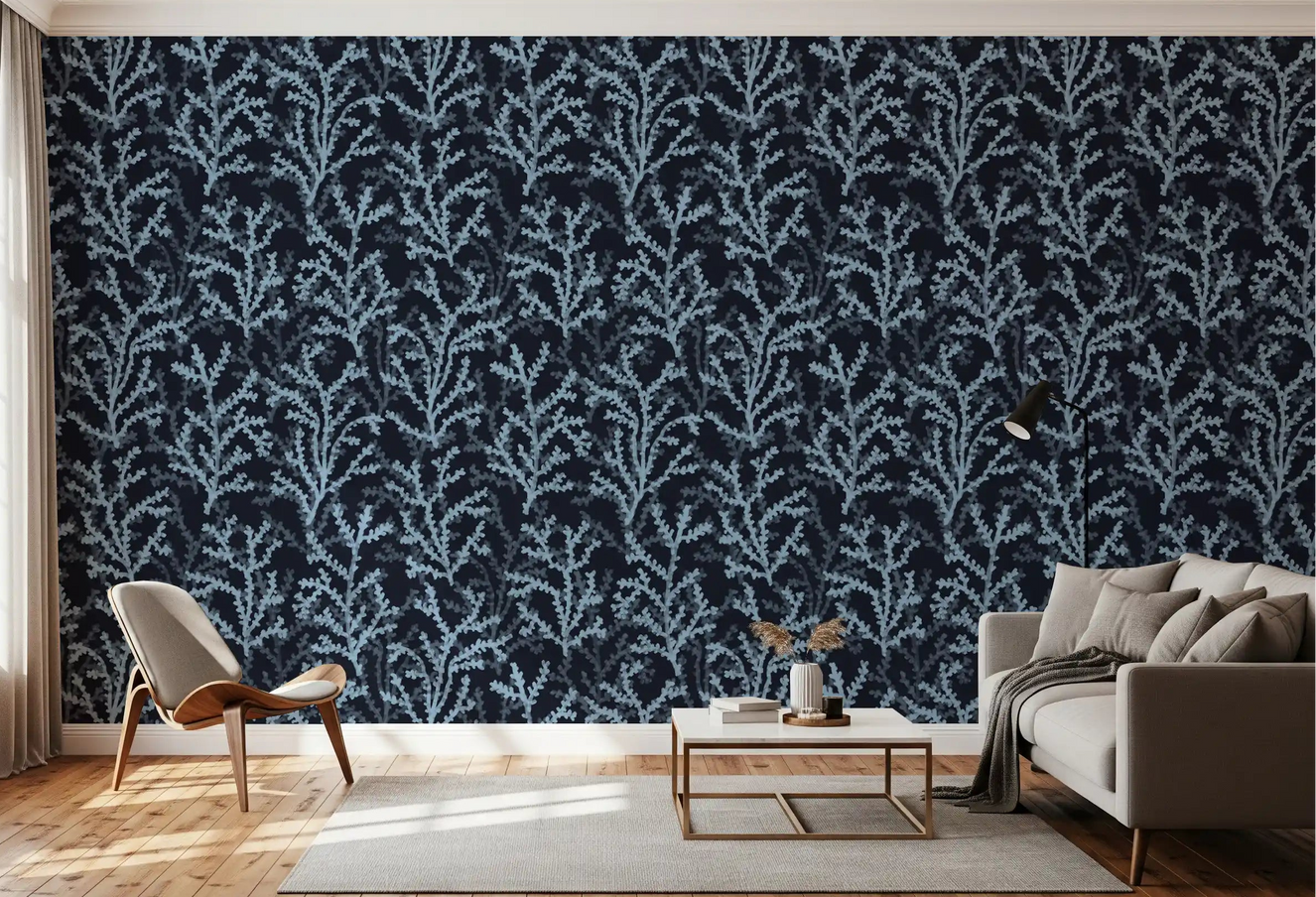 Morning light the Painted Coraline Dreaming Blue Dark Wallpaper in the lounge
