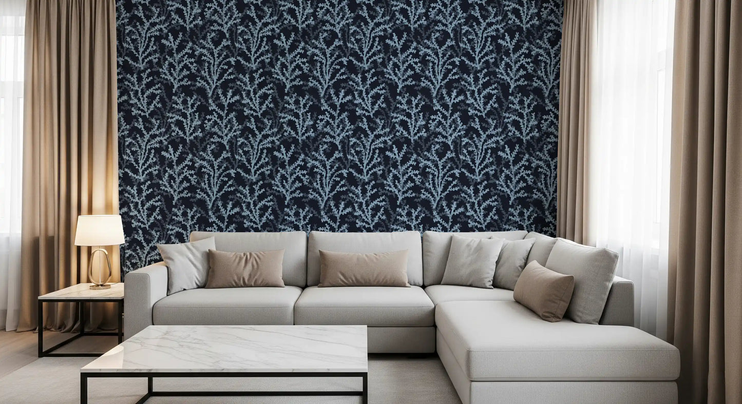 Deep navy isolate the Painted Coraline Dreaming Blue Dark Wallpaper motifs