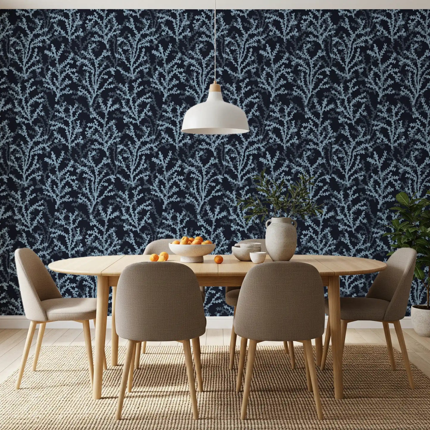 Neutral textiles complement the rich Blue wallpaper throughout the Dining room area 