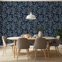 Neutral textiles complement the rich Blue wallpaper throughout the Dining room area 