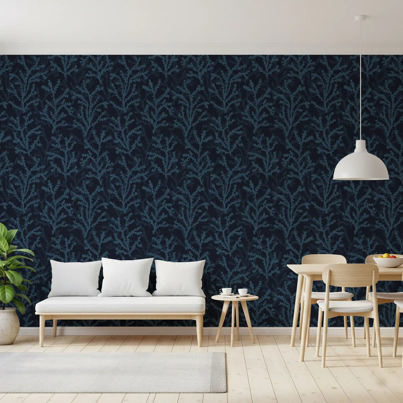 Dark botanical layers cover a Dining room utilizing Coraline wallpaper accents.