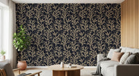 Golden frond clusters spreading over midnight navy in the Coraline Sand Dark wallpaper
