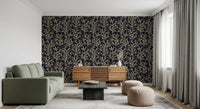 Lounge featuring the Coraline Sand Dark coral branch wallpaper on a full accent area
