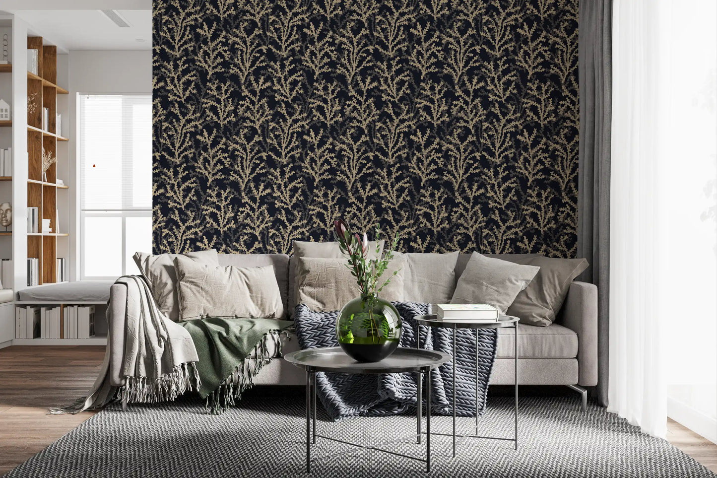 Painted Coraline Sand Dark wallpaper showing forked coral branches on a navy ground