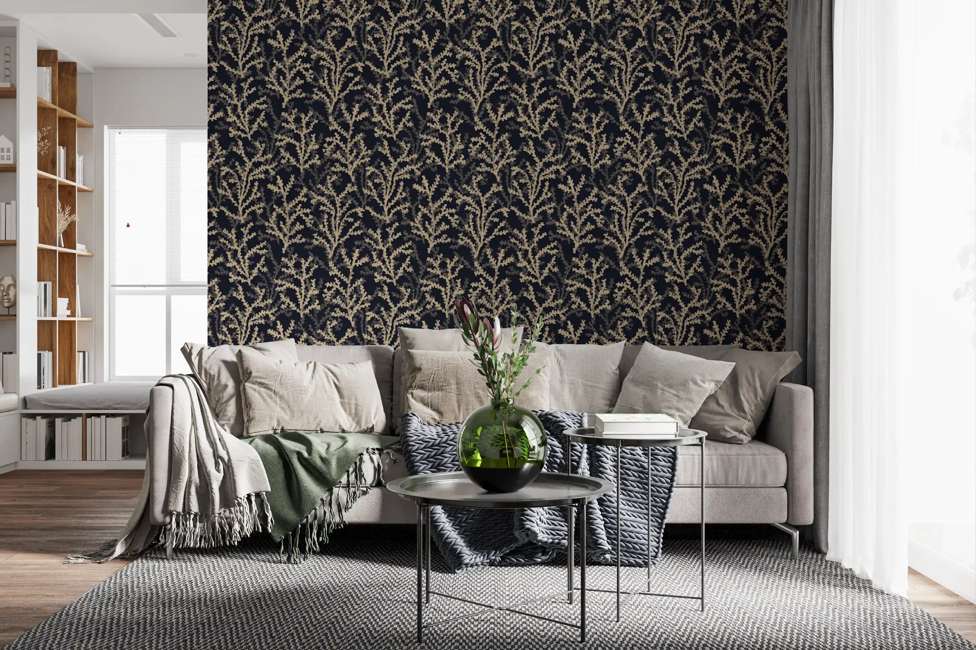 Painted Coraline Sand Dark wallpaper showing forked coral branches on a navy ground