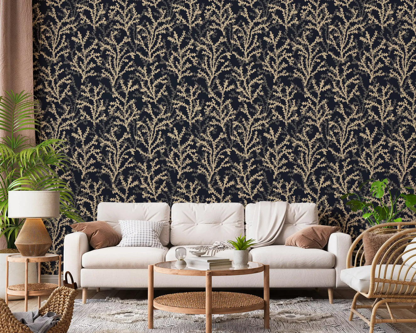 Painted Coraline Sand Dark wallpaper lining a living room with coral fronds on navy