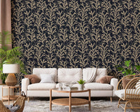 Painted Coraline Sand Dark wallpaper lining a living room with coral fronds on navy