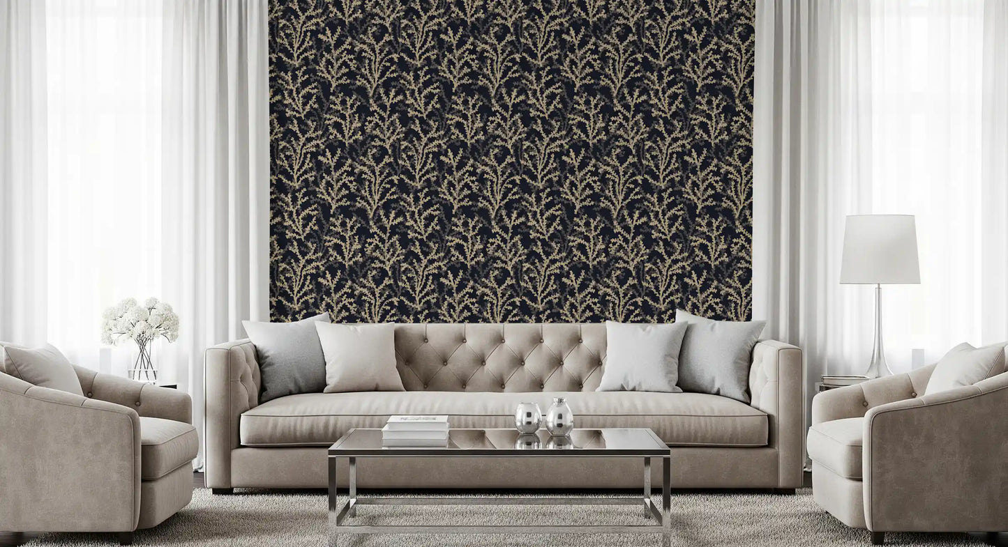 Living room wrapped in Painted Coraline Sand Dark wallpaper with golden reef motifs