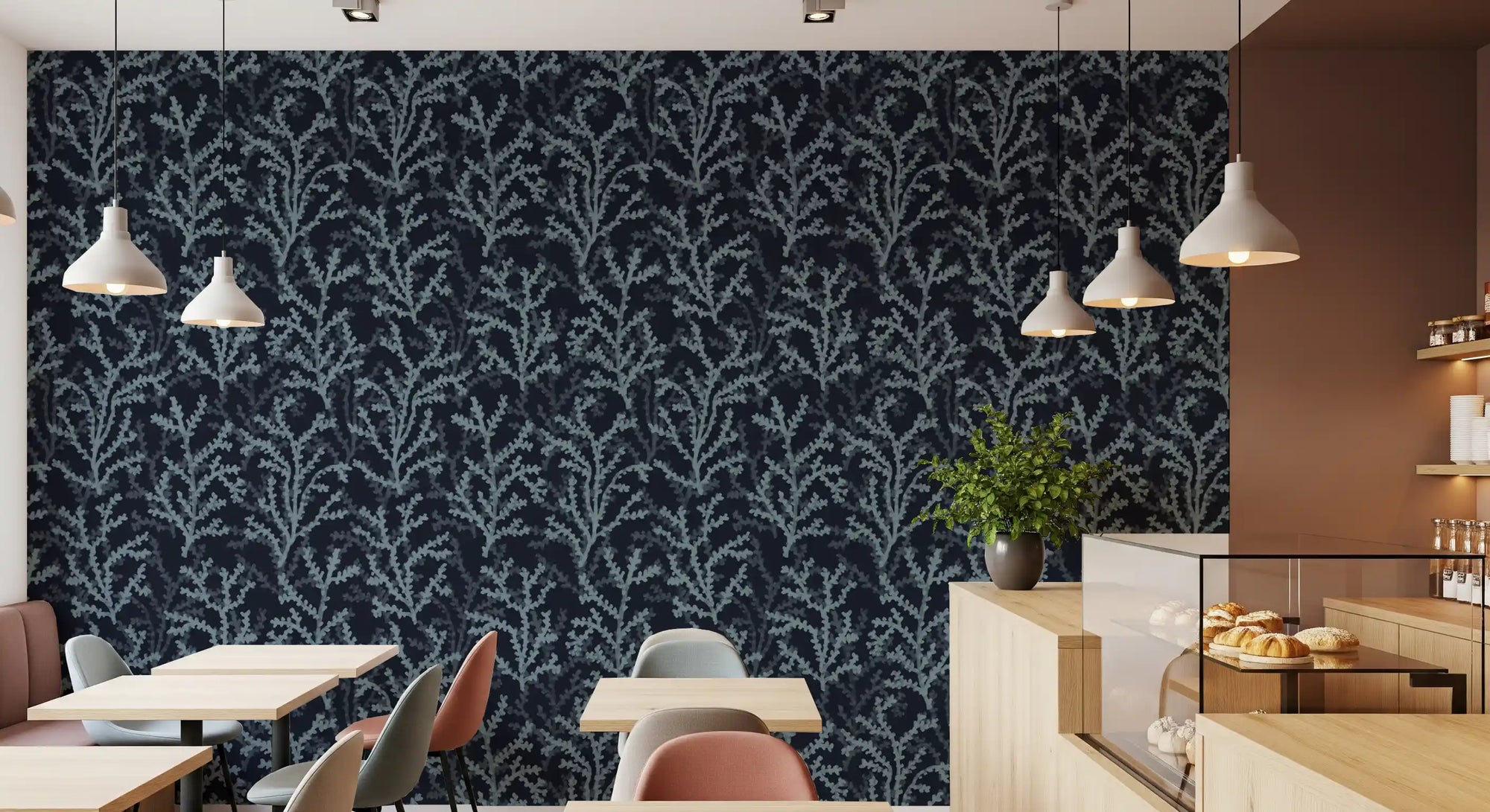 Bustling café interiors feature the Painted Coraline Slate Gray Dark wallpaper.