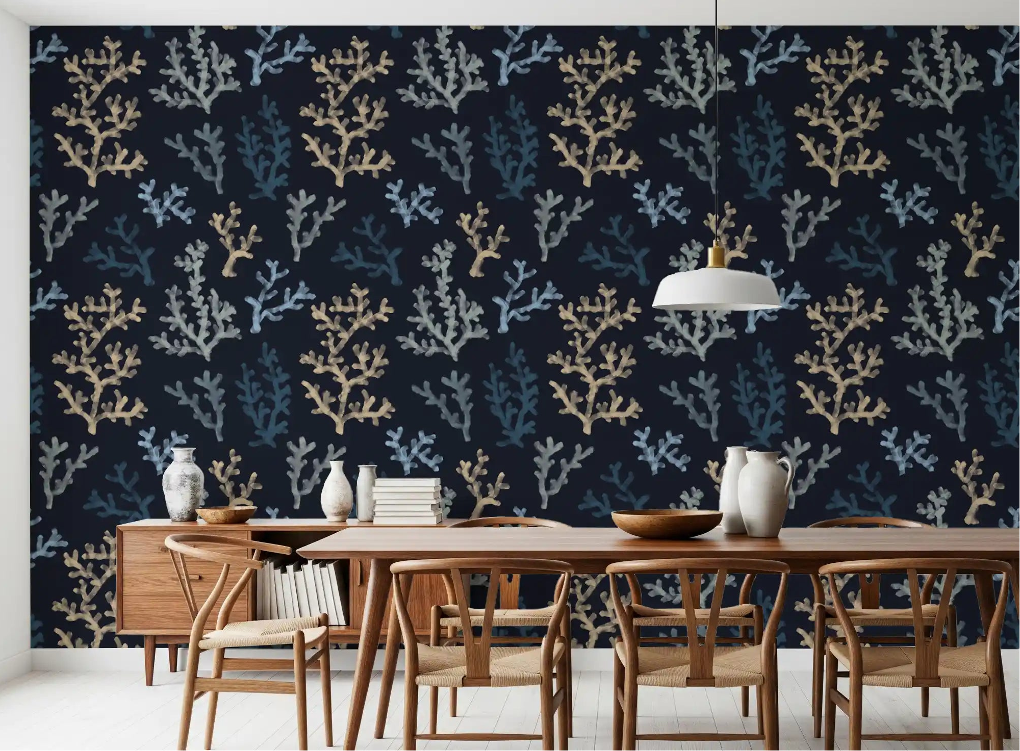 Deep navy botanical suit this dining room showing the Painted Corals Dark Wallpaper.
