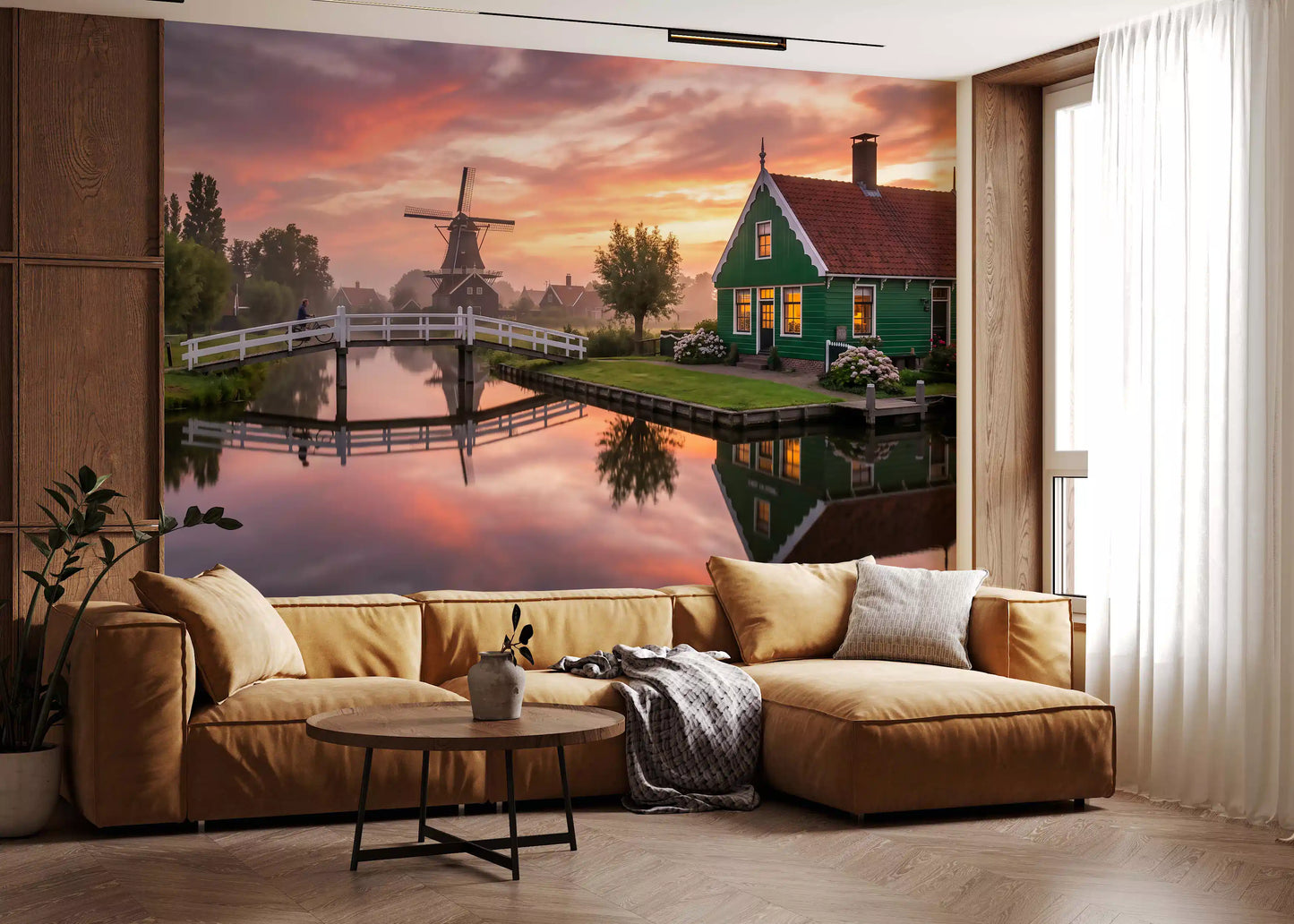 A quaint green cottage sits beside a white arched bridge within the Dawn wall mural