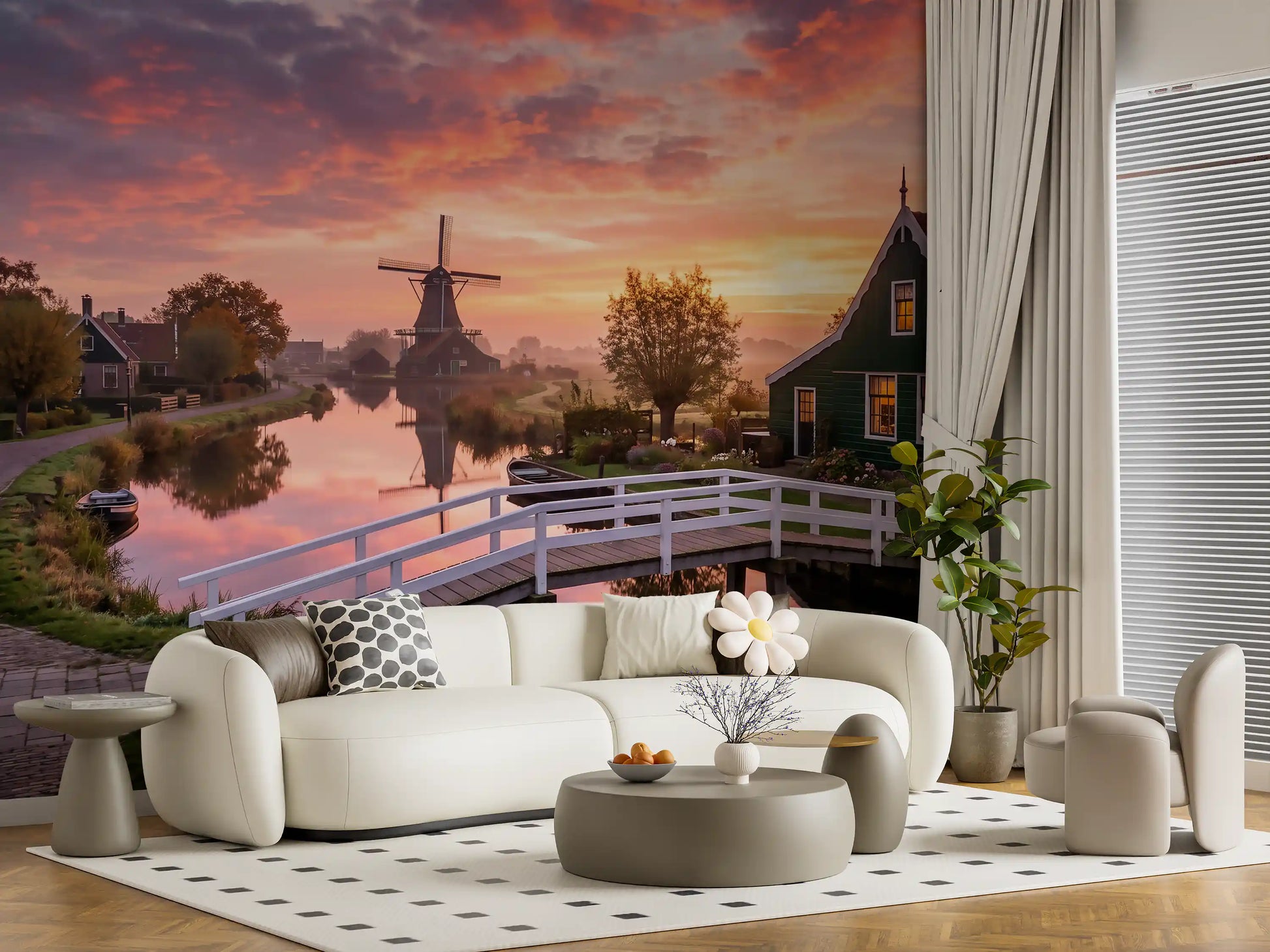 A Living room benefits from the scenic Dutch Dawn Serenity Wall Mural.