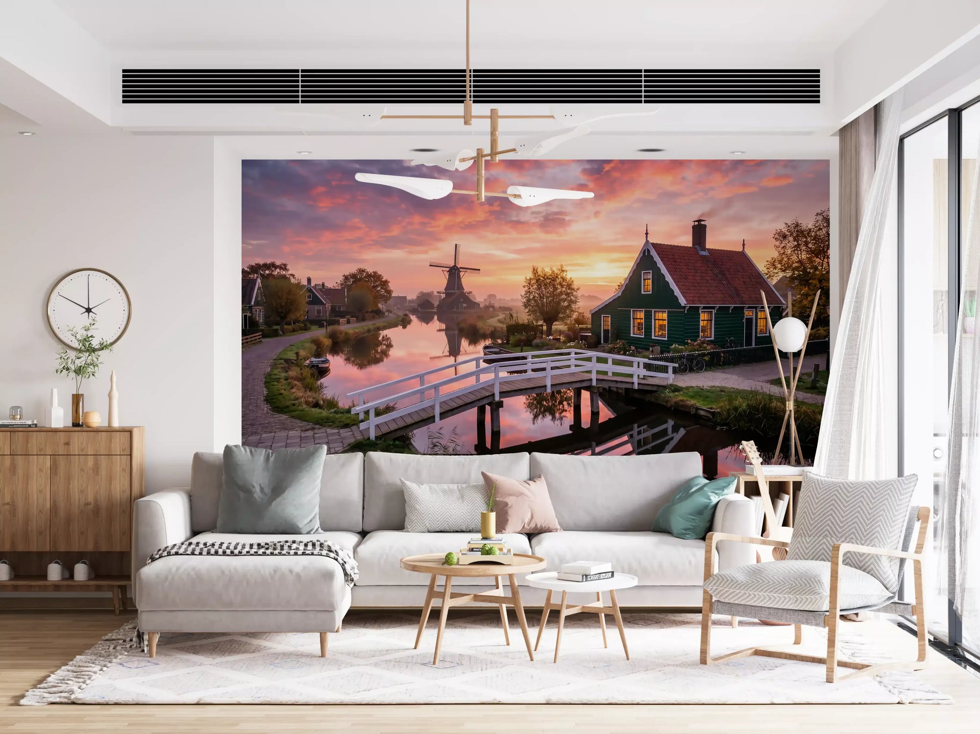 View the windmill and sunset sky on a Dutch Dawn Wall Mural.