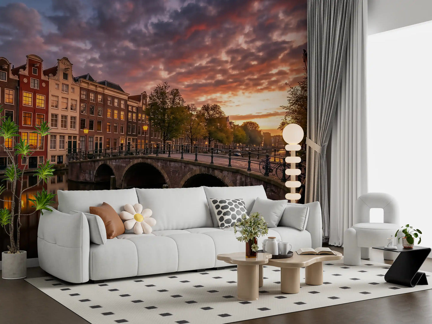 The warm Golden Hour Amsterdam Canal wall mural provides a Living room .