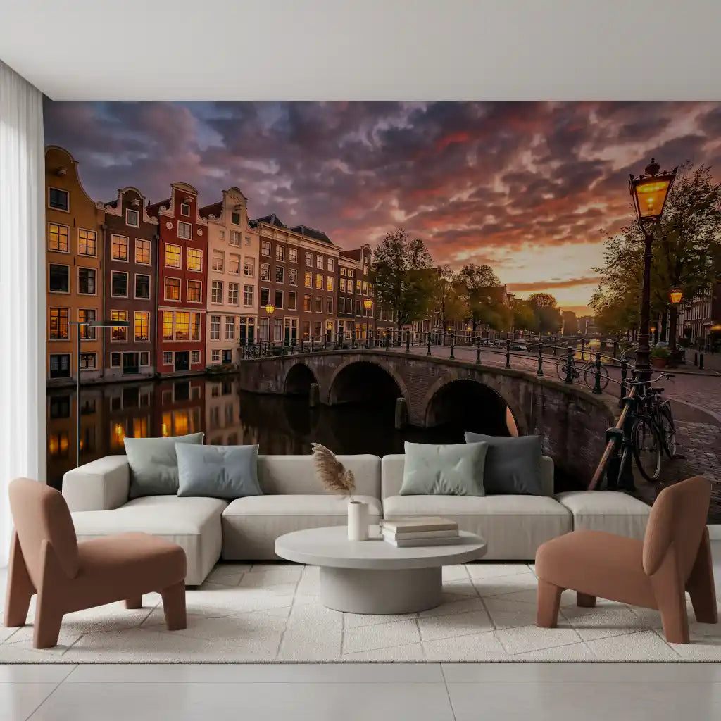 Guests gather in a cozy lounge the Golden Hour Amsterdam Canal wall mural.