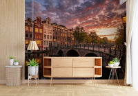 A minimalist entryway layout highlights sunset colours from the Golden Hour wall mural.
