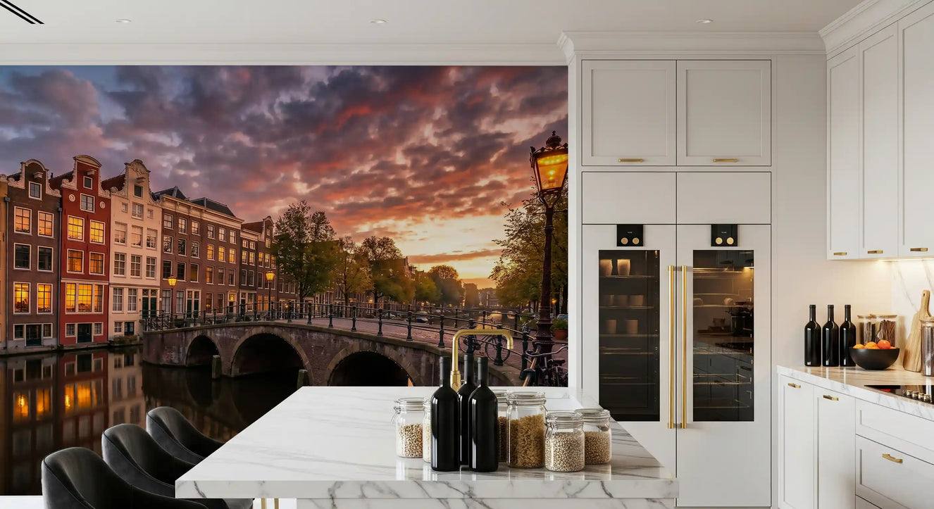Bright lighting a modern kitchen dining area featuring the Canal wall mural.