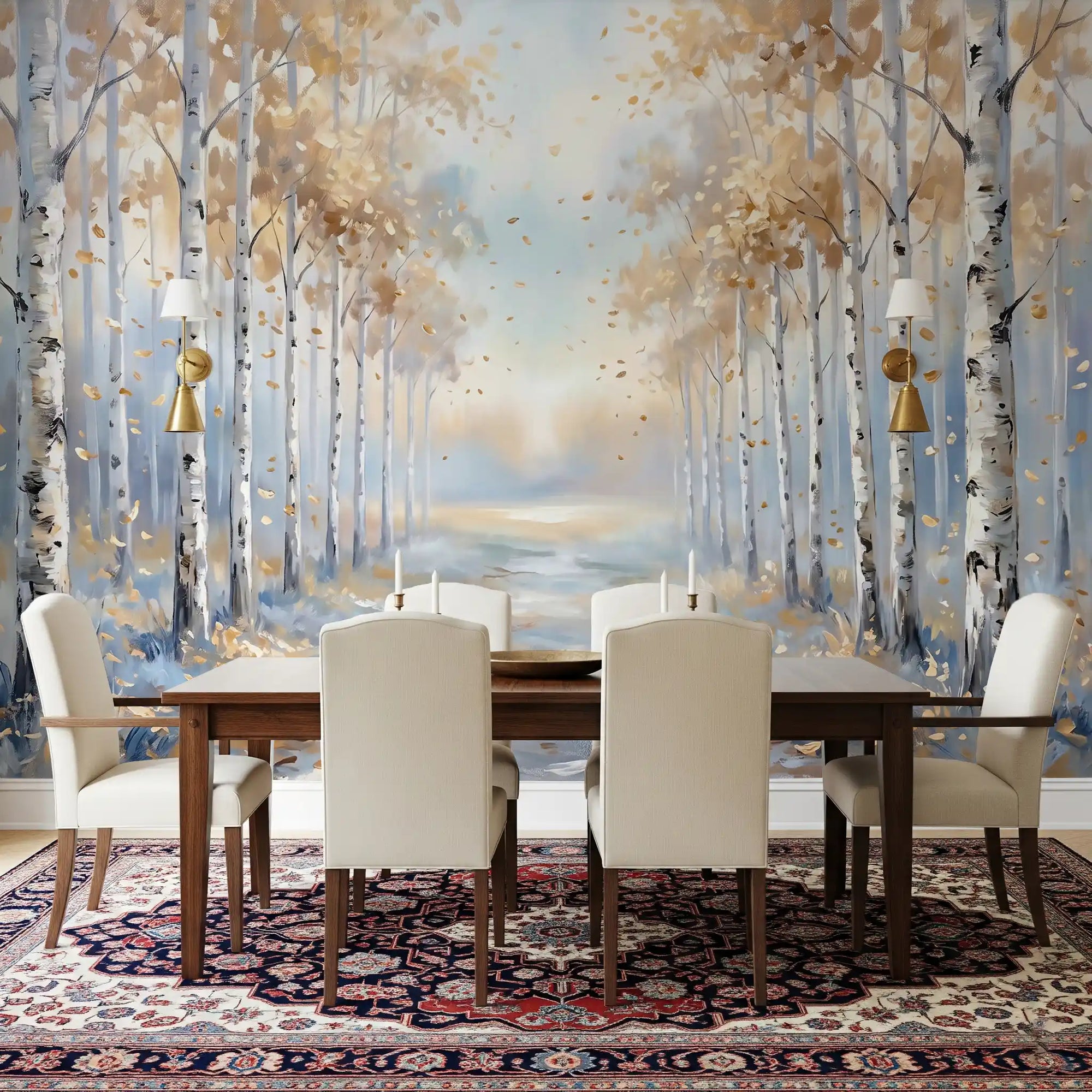 Large dining tables suit the expansive landscape of the Golden Birch Path Wall Mural.