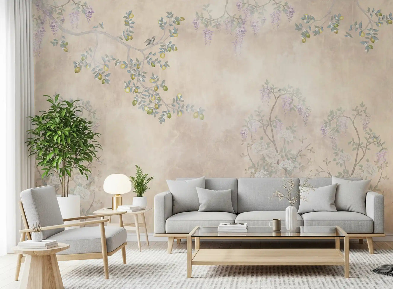 Large living room areas showcase the Wisteria & Lemon Blossom Serenity Cream wall mural