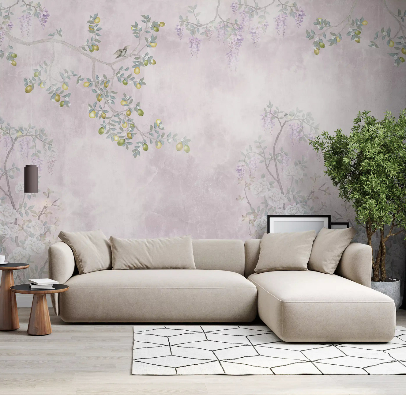 Pastel flowers adorn the Wisteria & Lemon Blossom Serenity Pink Wall Mural in this lounge.
