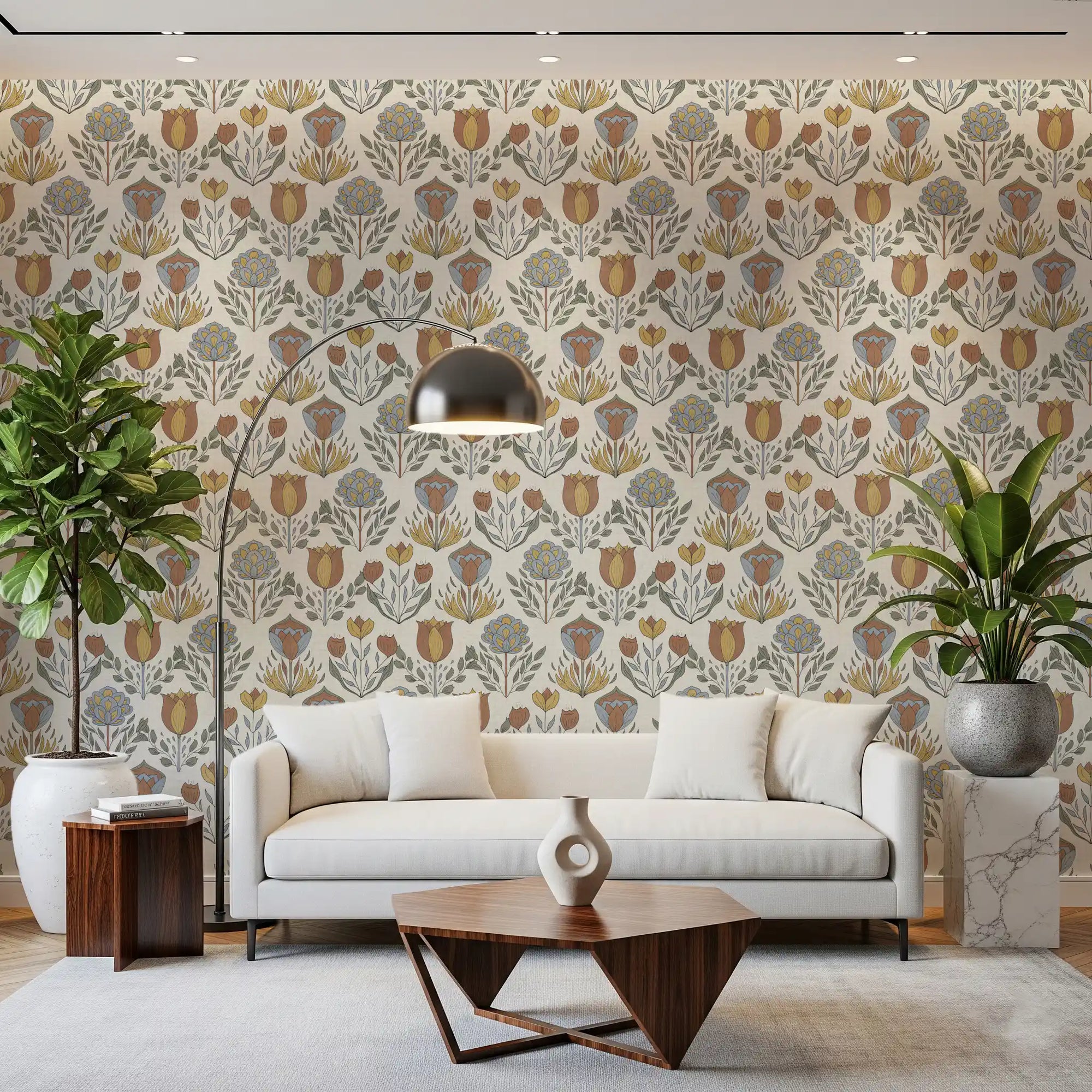 Sunlight the symmetrical Bloom wallpaper inside this contemporary living room