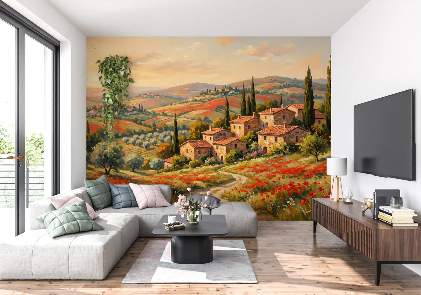 Mural panorámico de campos de amapolas toscanas