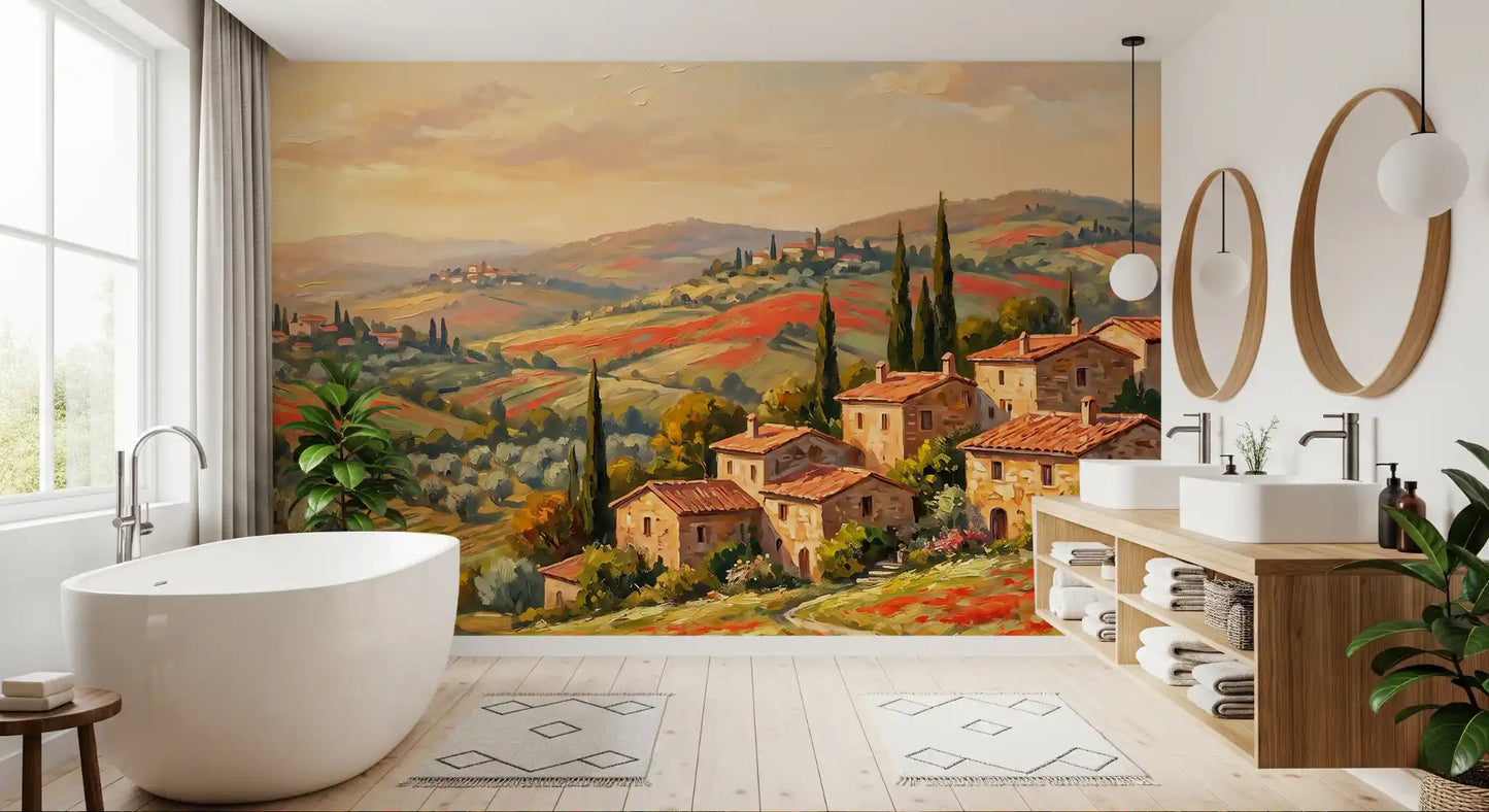 Mural panorámico de campos de amapolas toscanas