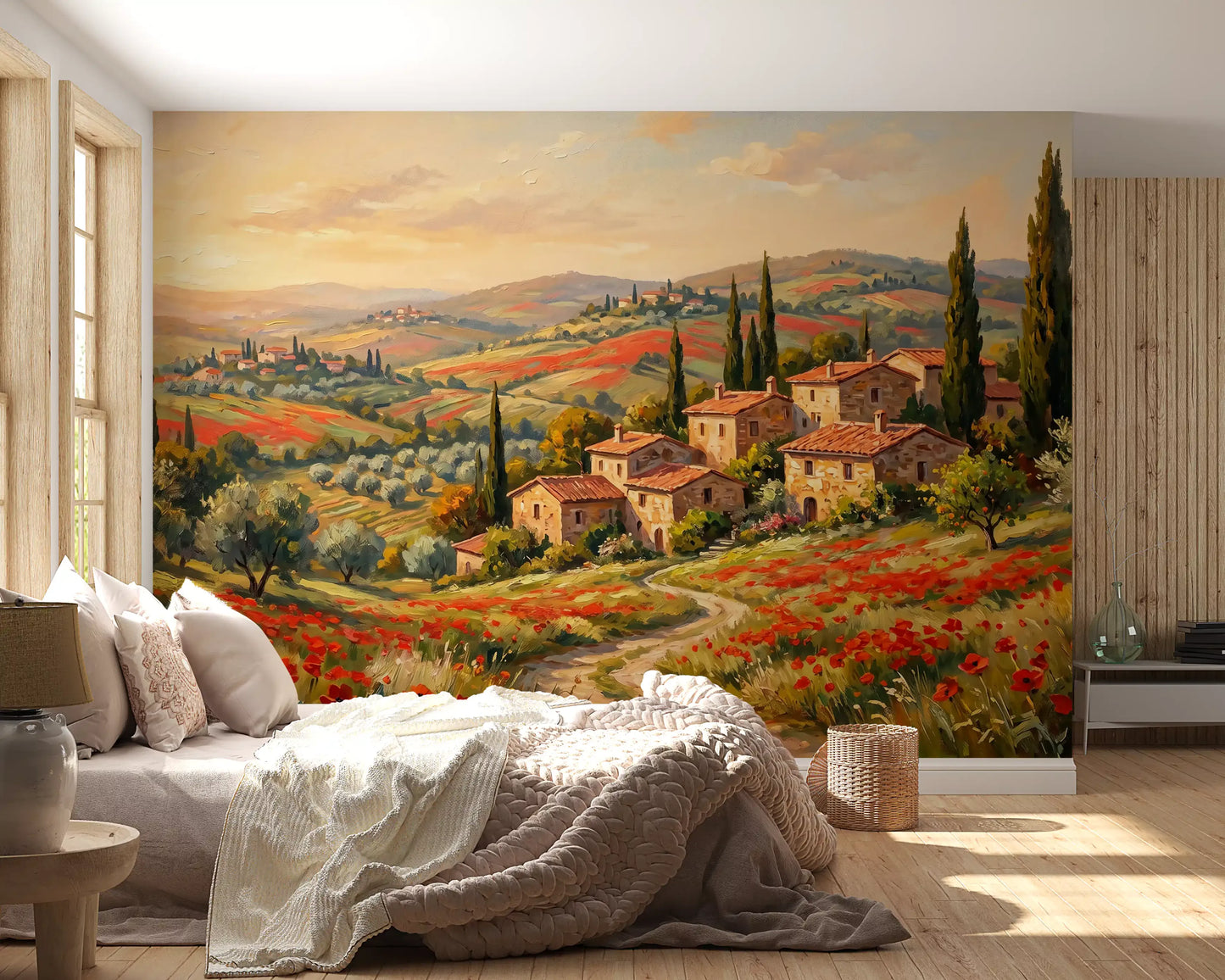 Mural panorámico de campos de amapolas toscanas