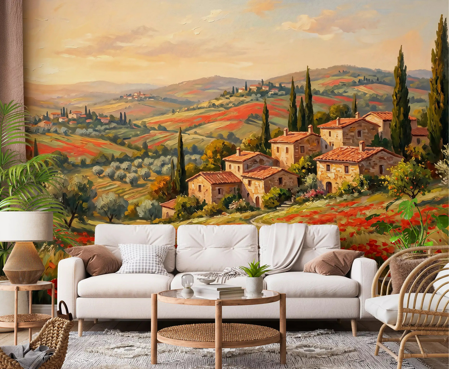 Mural panorámico de campos de amapolas toscanas