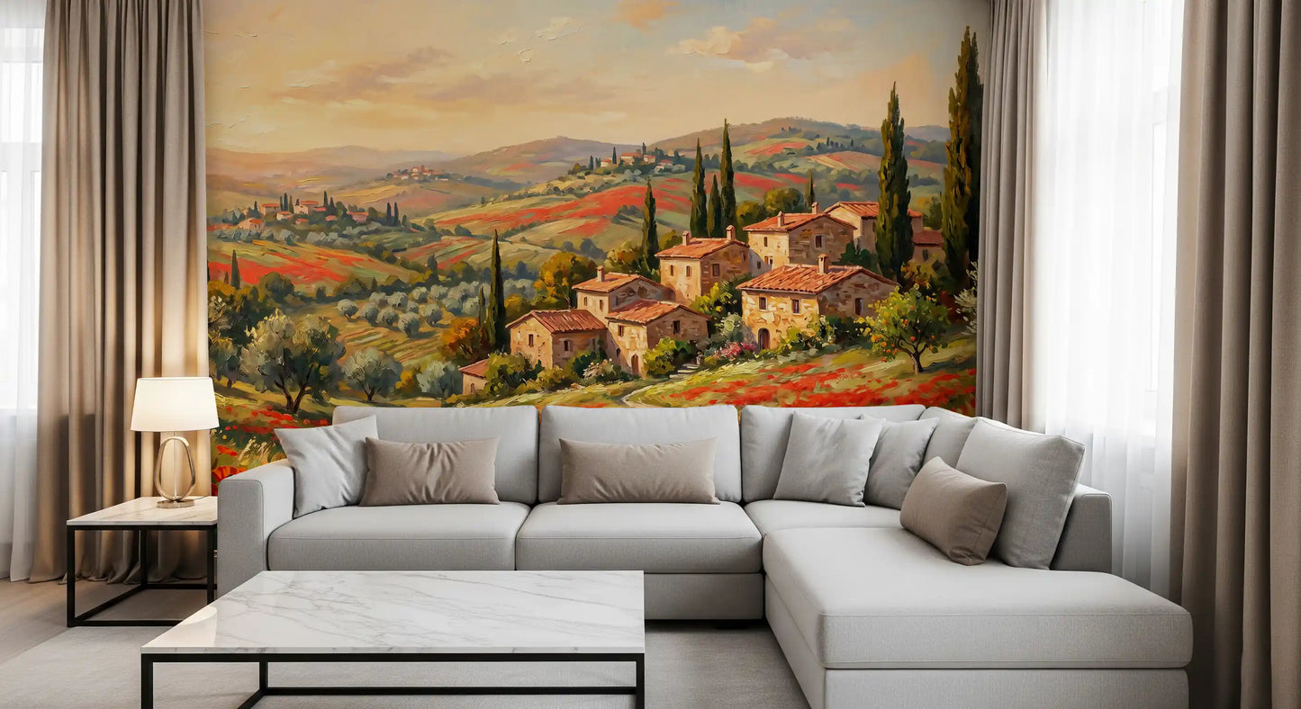 Mural panorámico de campos de amapolas toscanas