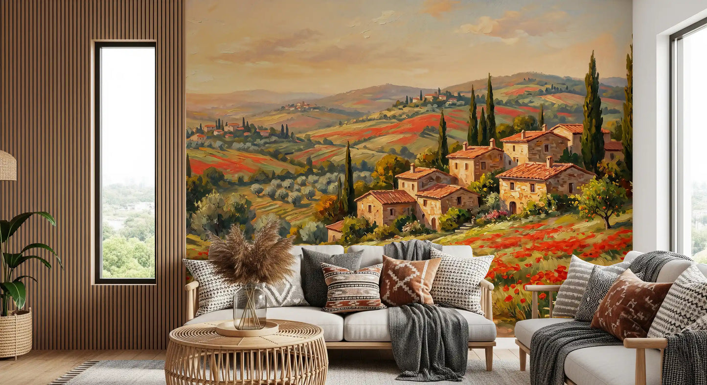 Mural panorámico de campos de amapolas toscanas