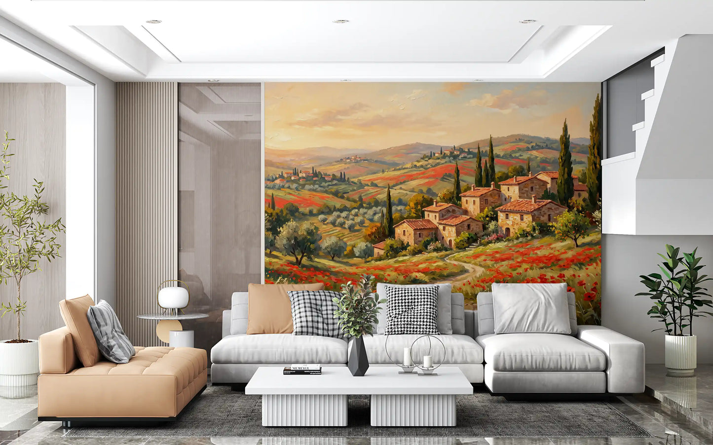 Mural panorámico de campos de amapolas toscanas