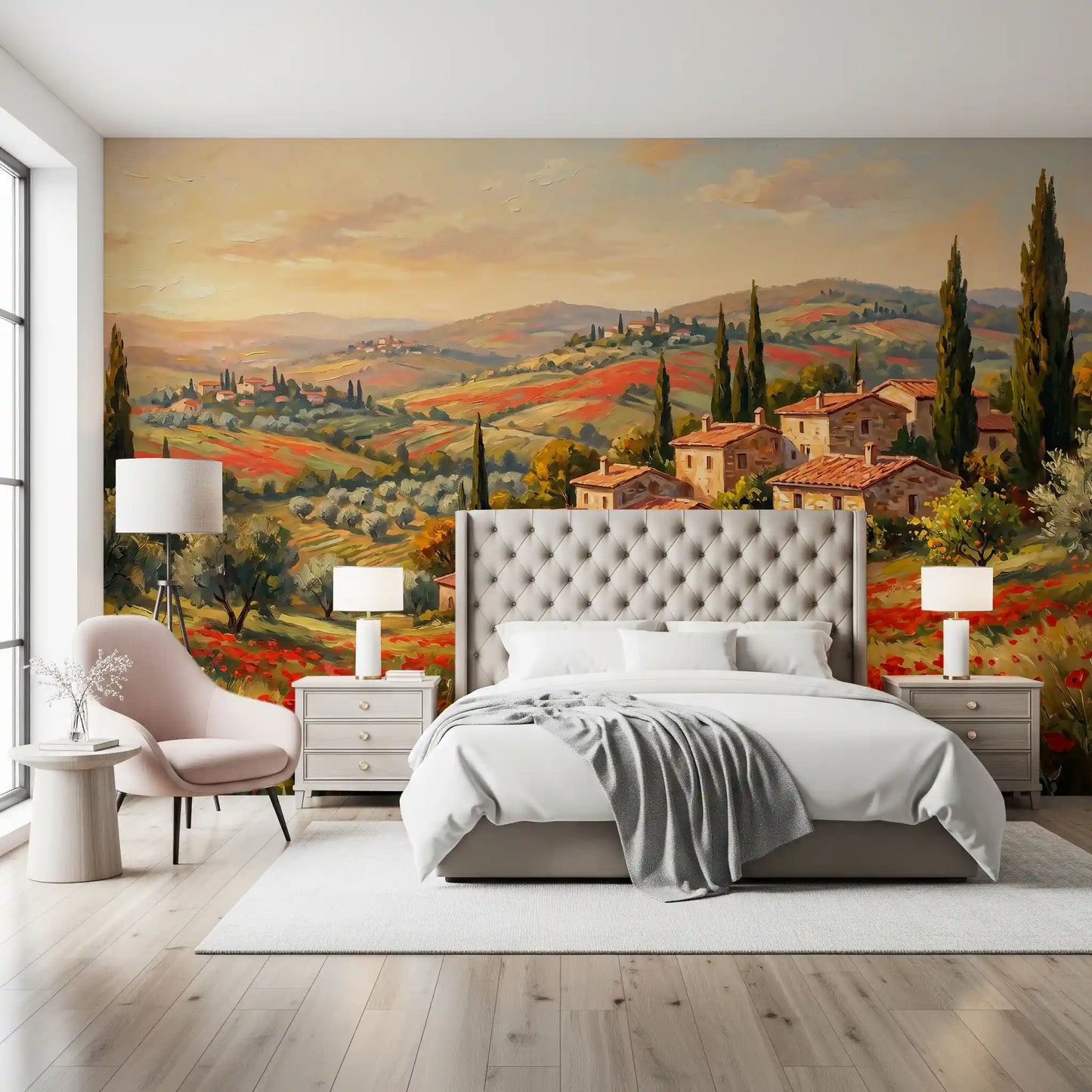Mural panorámico de campos de amapolas toscanas