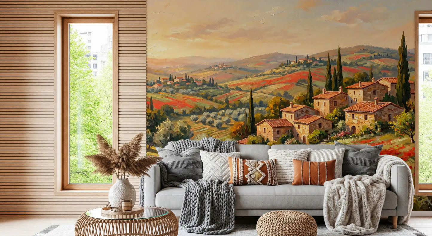 Mural panorámico de campos de amapolas toscanas