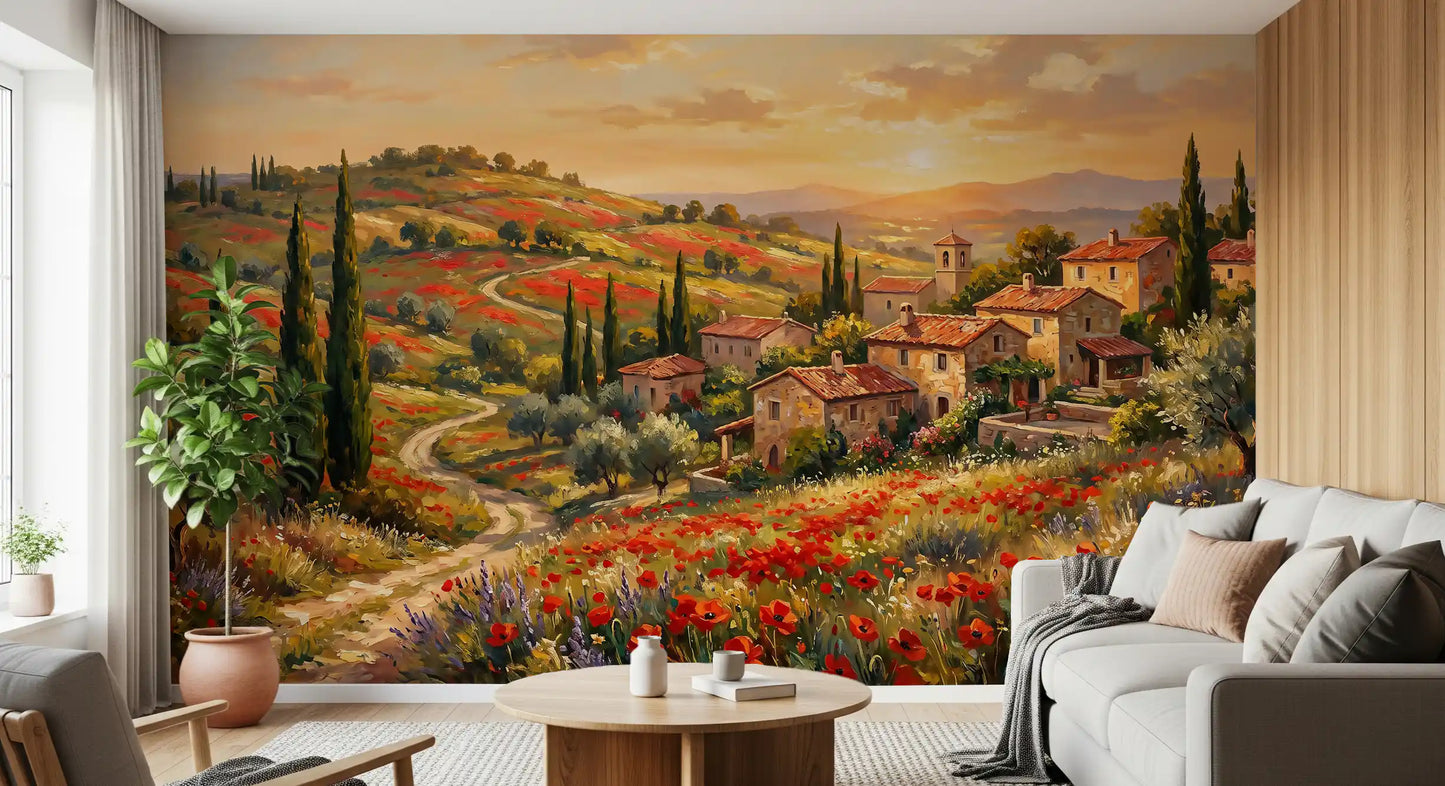 Tuscan Poppy Village Dusk Muurdecoratie