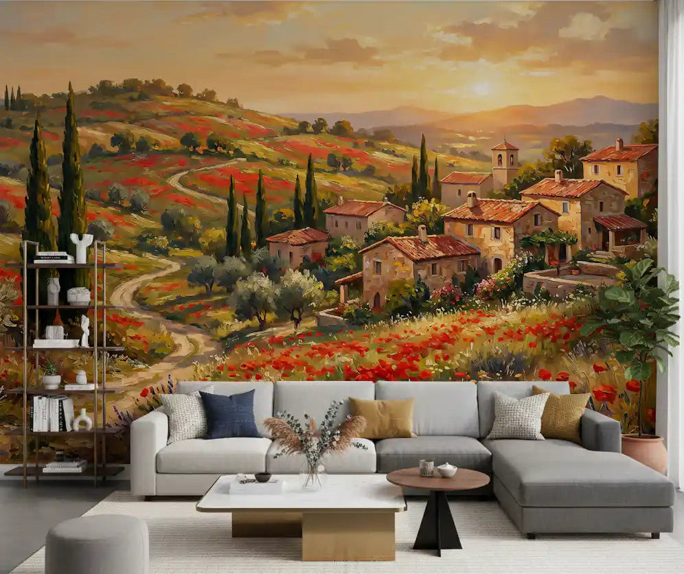 Tuscan Poppy Village Dusk Muurdecoratie