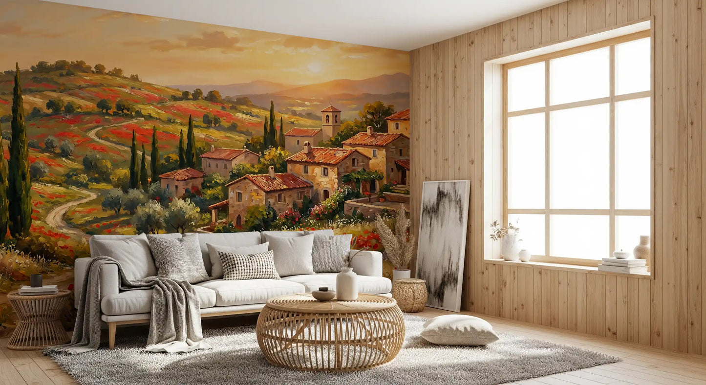 Tuscan Poppy Village Dusk Muurdecoratie