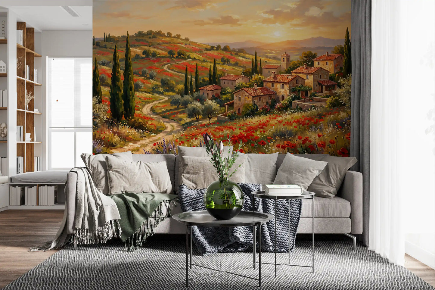 Tuscan Poppy Village Dusk Muurdecoratie