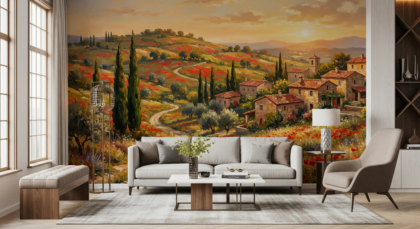 Tuscan Poppy Village Dusk Muurdecoratie