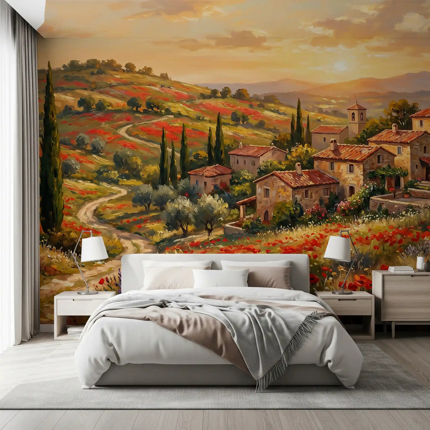 Tuscan Poppy Village Dusk Muurdecoratie
