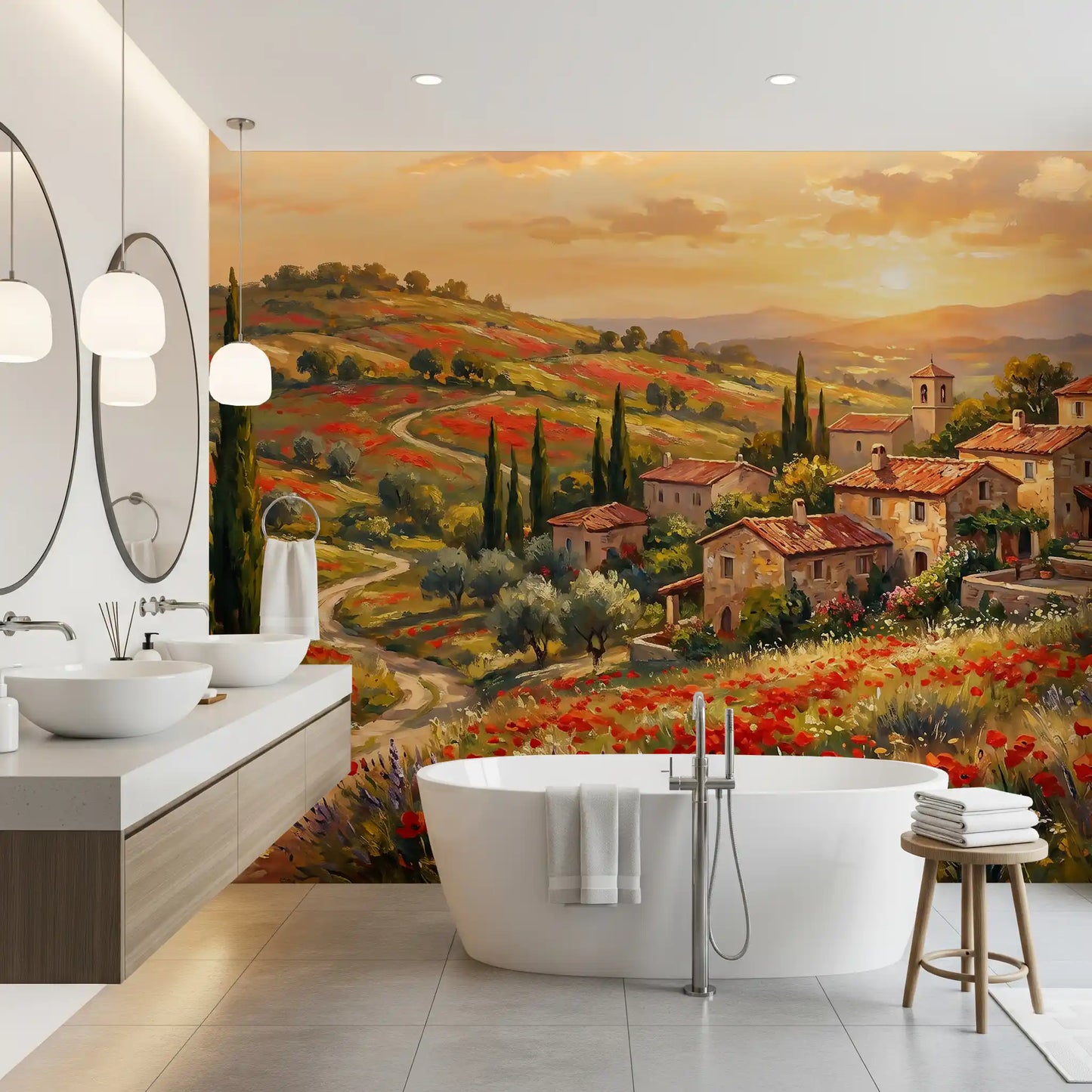 Tuscan Poppy Village Dusk Muurdecoratie