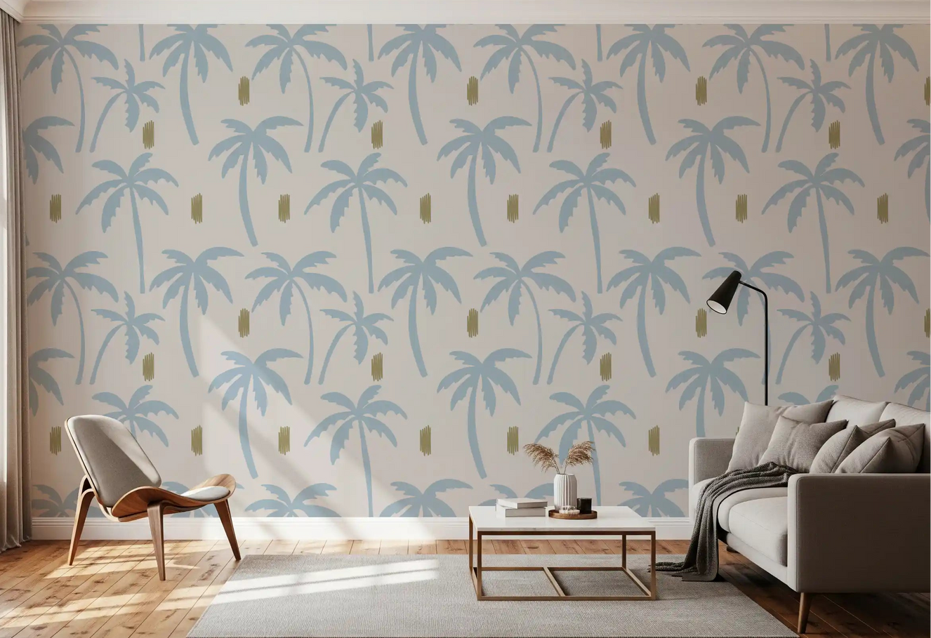 Living room featuring light blue boho coastal palm tree wallpaper 