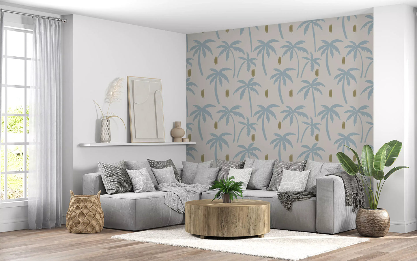Tapet palmier albastru deschis Boho Coastal