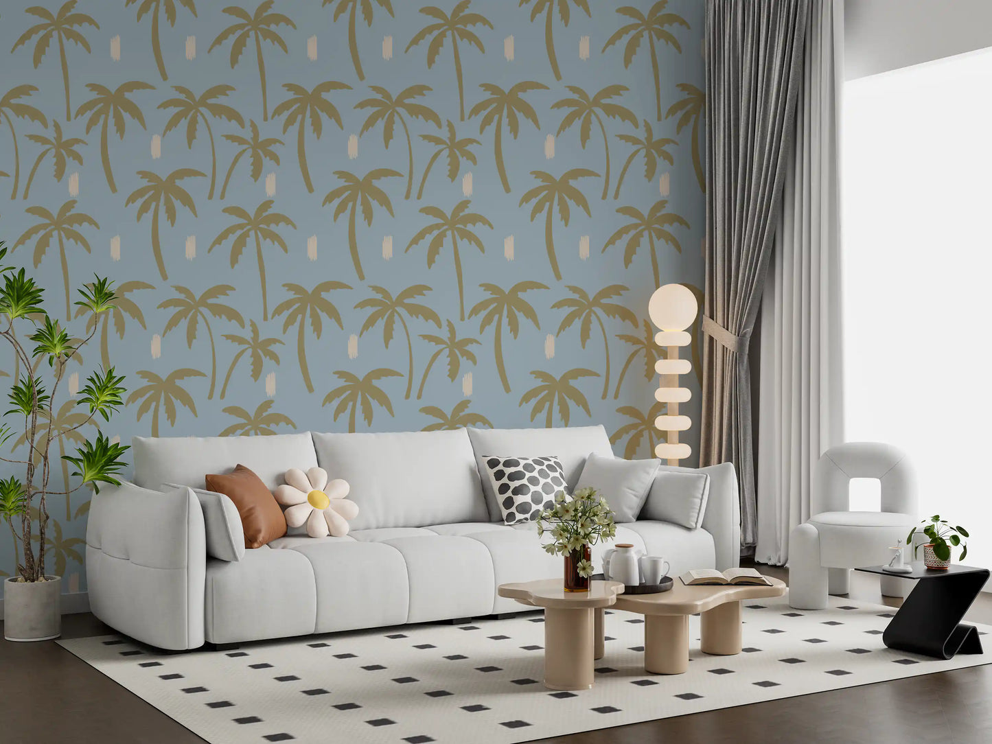 Tropical Tree Wallpaper with large palm shapes and airy spacing