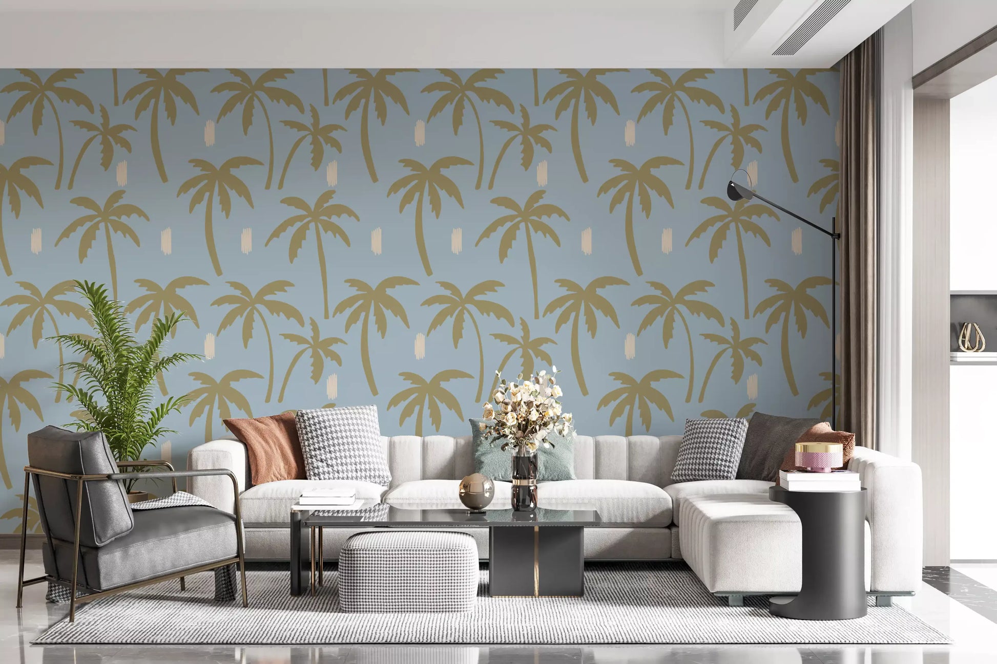 Living room with Palm Tree Wallpaper and airy coastal pattern movement